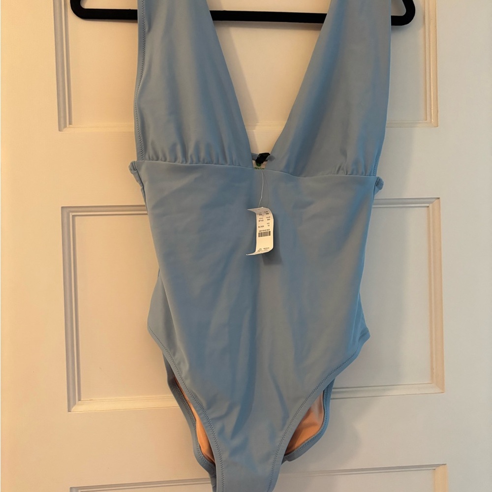 J. Crew Blue One-Piece Swimsuit with V-Neck and Ruched Bust